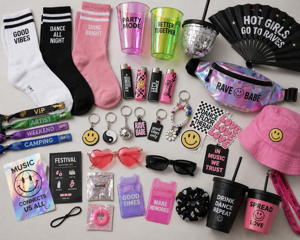 Festival-style custom merchandise mix including socks, cups, accessories, and branded items.
