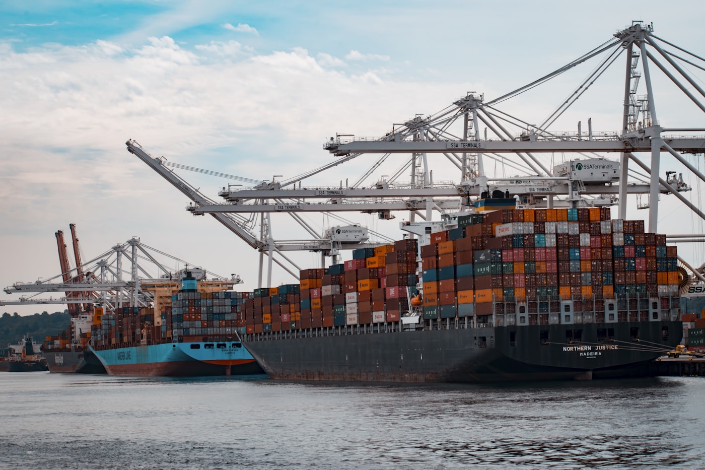 Container ships and stacked containers at a commercial port terminal.