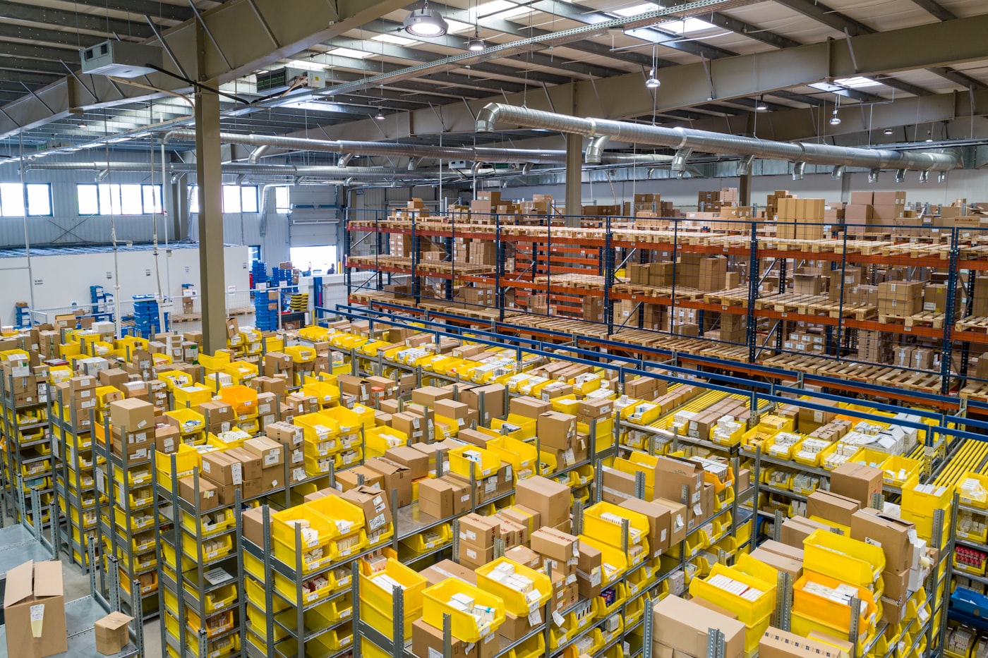 Packed cartons in a logistics warehouse.